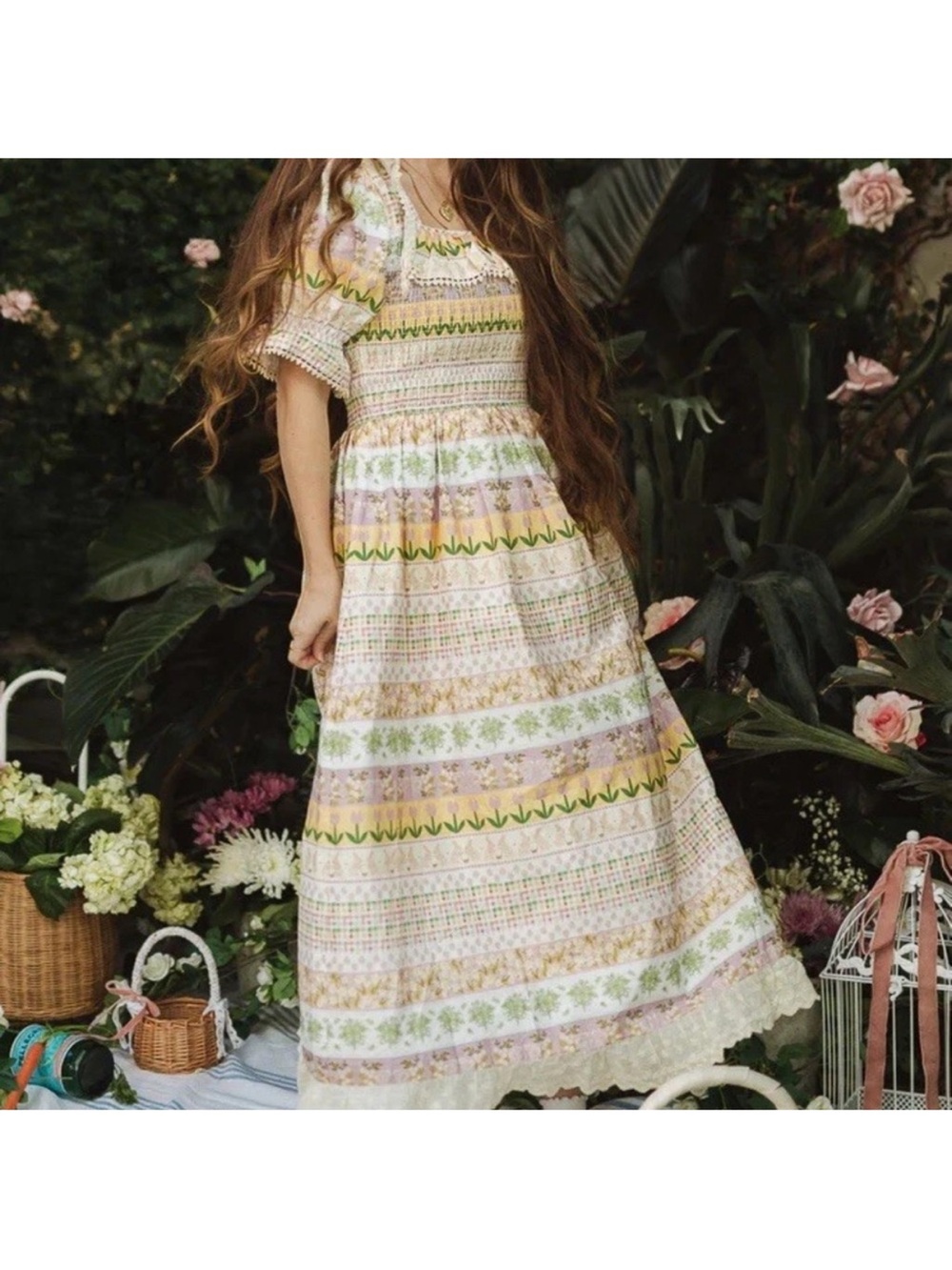 Ivy City Co Pink and Green Midi Dress with Floral Stripes